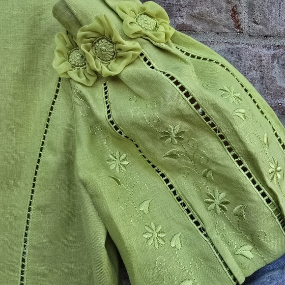JSong Collection Linen Citron Womens Shirt Embroidered Floral Cold Shoulder S 12 - Picture 9 of 13
